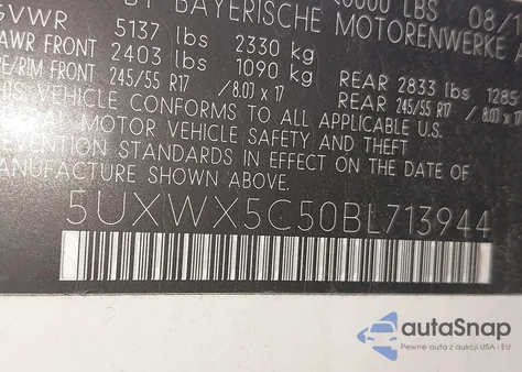 2011 BMW X3 xDrive28I из США, поврежденный, VIN 5UXWX5C50BL713944